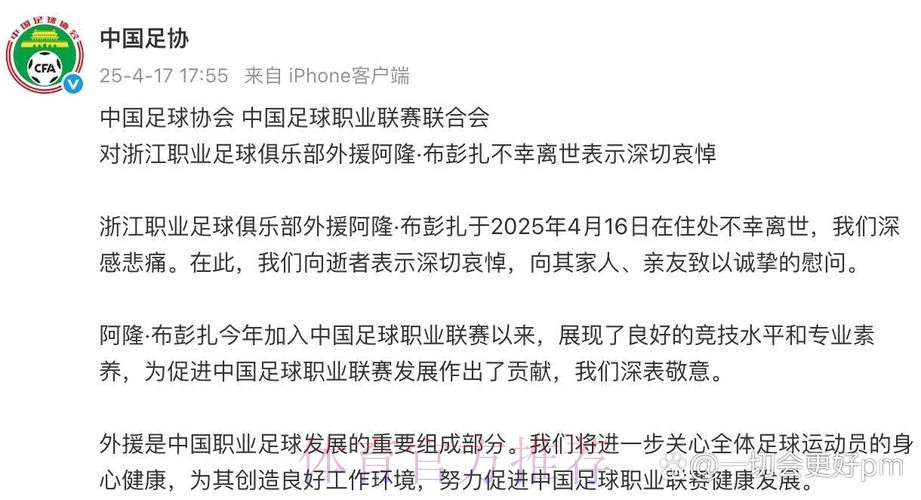 中国足球协会 中国足球职业联赛联合会对浙江职业足球俱乐部外援阿隆·布彭扎不幸离世表示深切哀悼 中国足球协会 中国足球职业联赛联合会对浙江职业足球俱乐部外援阿隆·布彭扎不幸离世表示深切哀悼